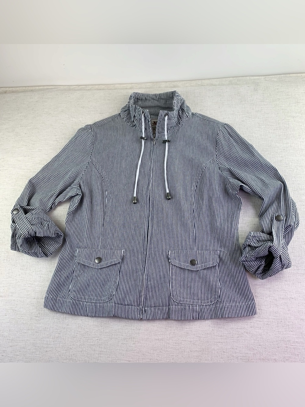 AMX women's pinstripe full zip jacket cotton roll tab sleeve pockets mock neck